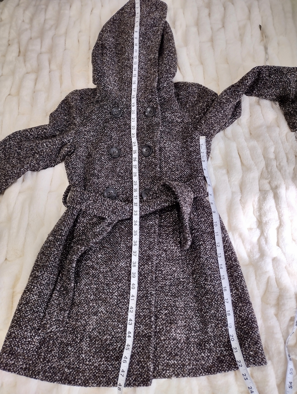Women's Hooded Double-Breasted Wool-Blend Coat -  Brown/Multi Color - Picture 13 of 16